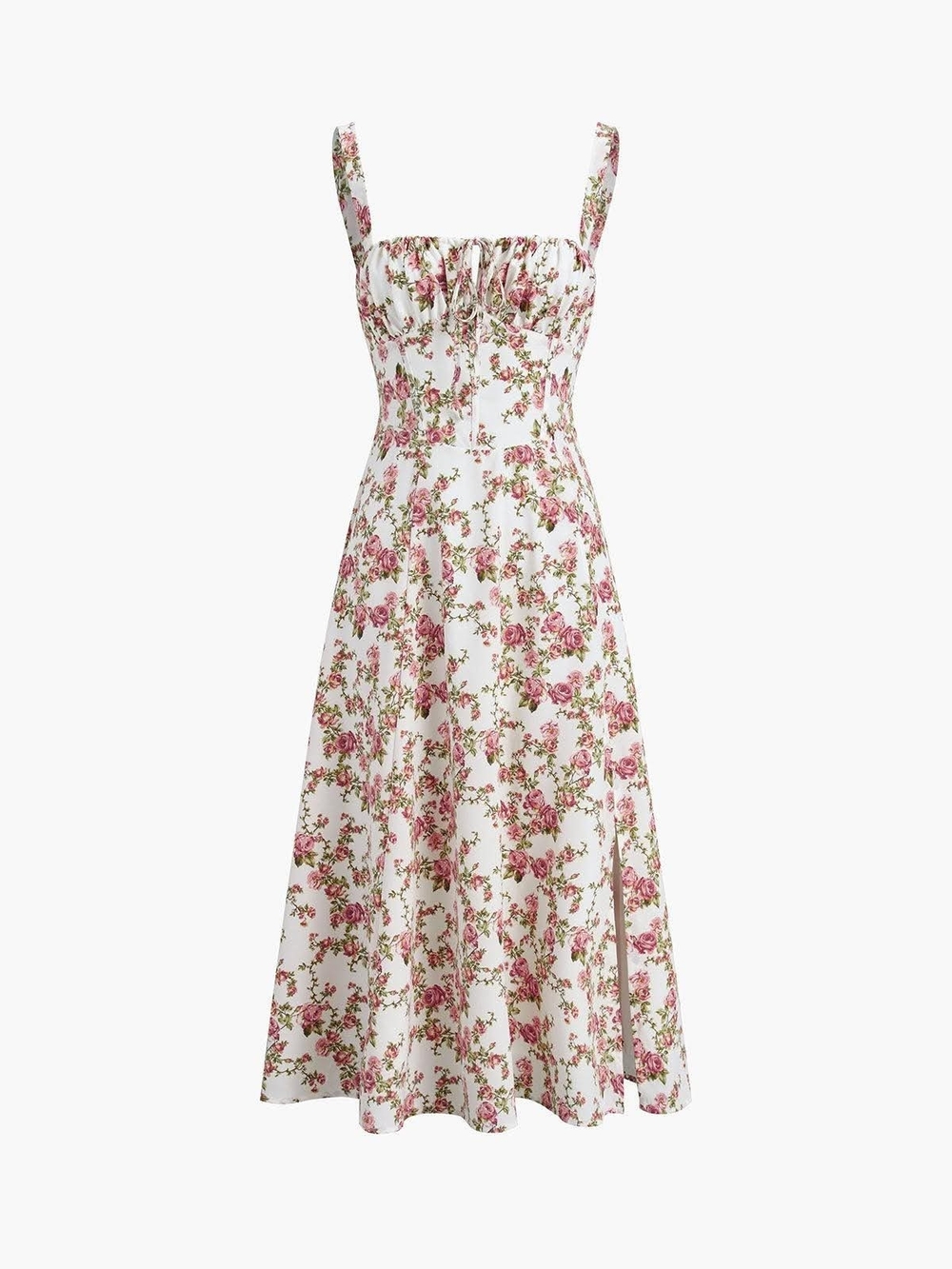 Commense White Floral Midi Dress with Pink & Green Print